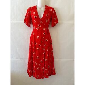 Faithfull The Brand x Anthropologie Red Floral Wrap Midi Dress XS Boho Resort